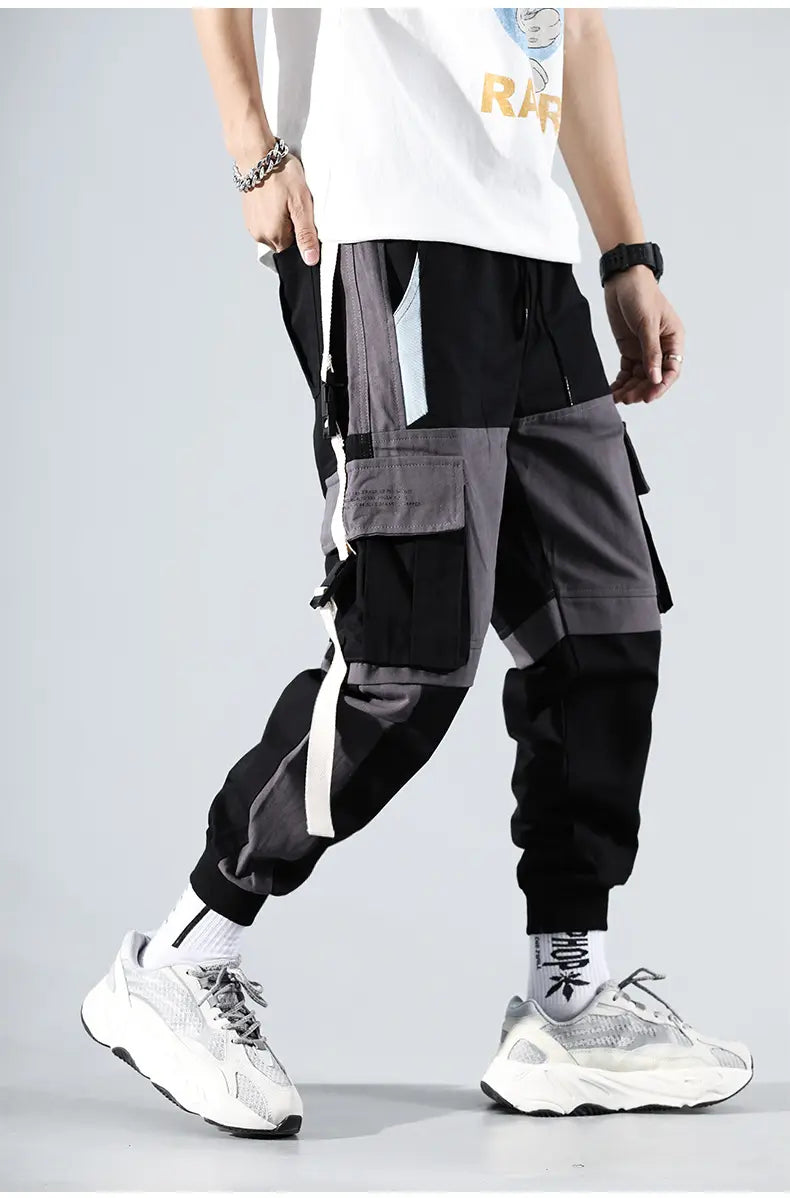 YiXin Men Cargo Jogger Pants Black Cargo Pocket Track Joggers Hip Hop Joggers Male Sweatpants Ribbons Men Cargo