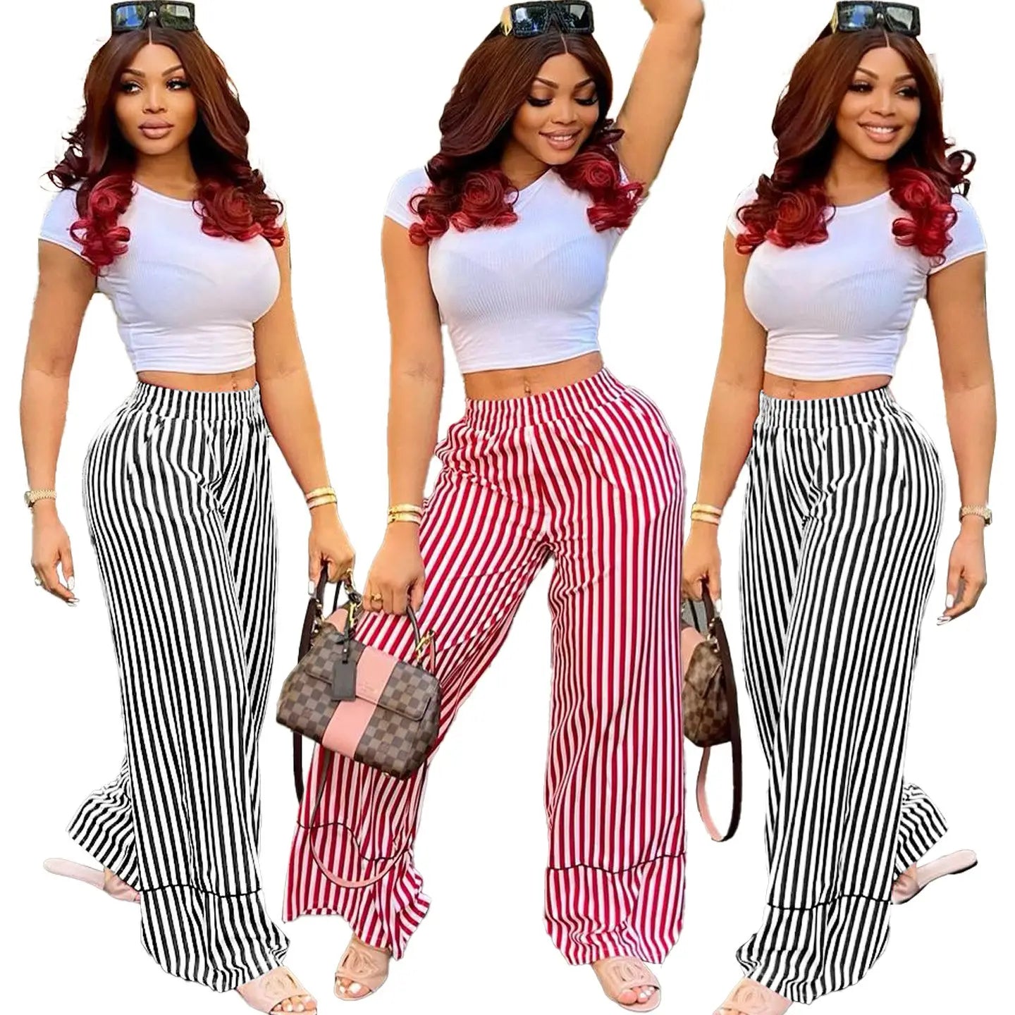 Fall Clothing Casual Trendy High Waist Striped Printed Trousers Women Wide Leg Long