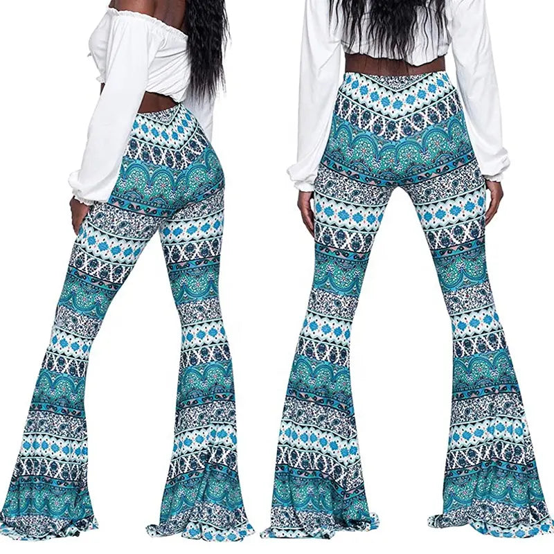 Womens Boho Bell Bottom Flare Pants Geometric Print Trousers Ethnic Clothing Hippie Clothes Yoga Leggings Palazzo