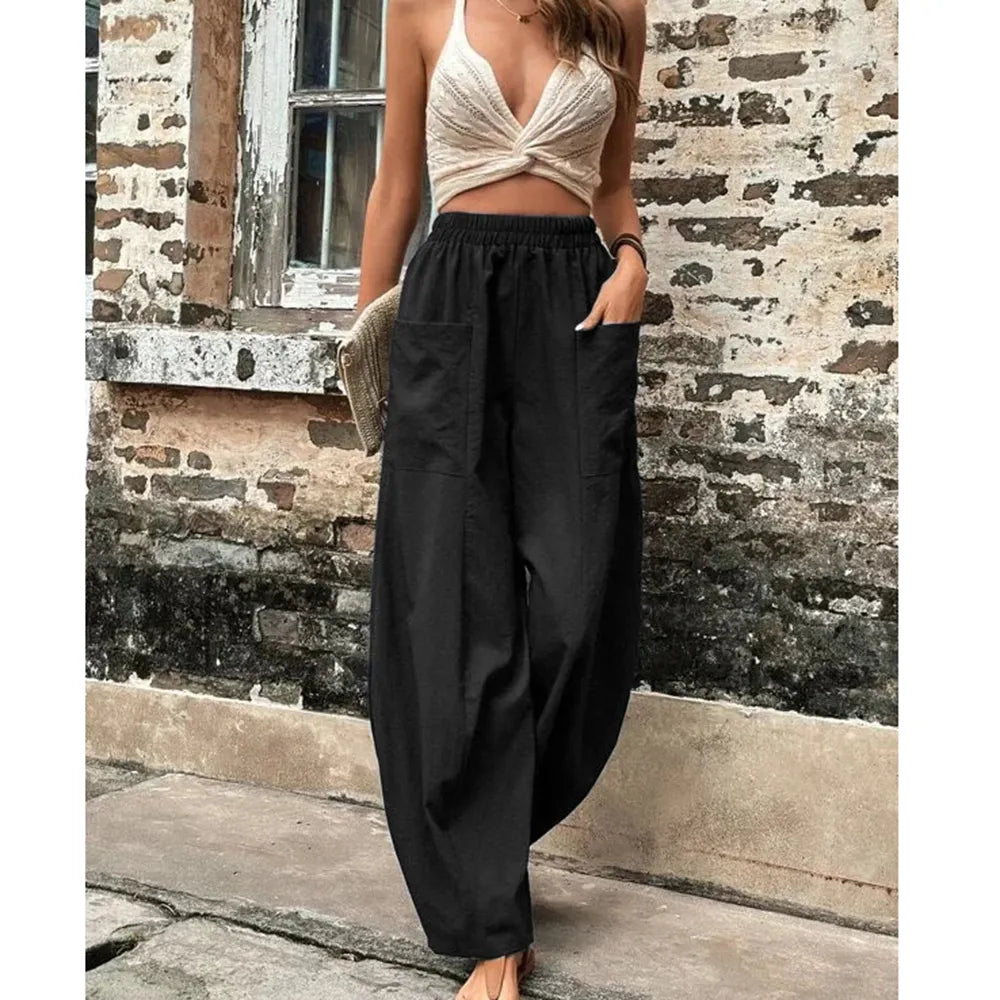 Plus Size Women's Loose-Fit Cargo Trousers Anti-Pilling Linen Wide Leg Women's Cargo in Size 3XL