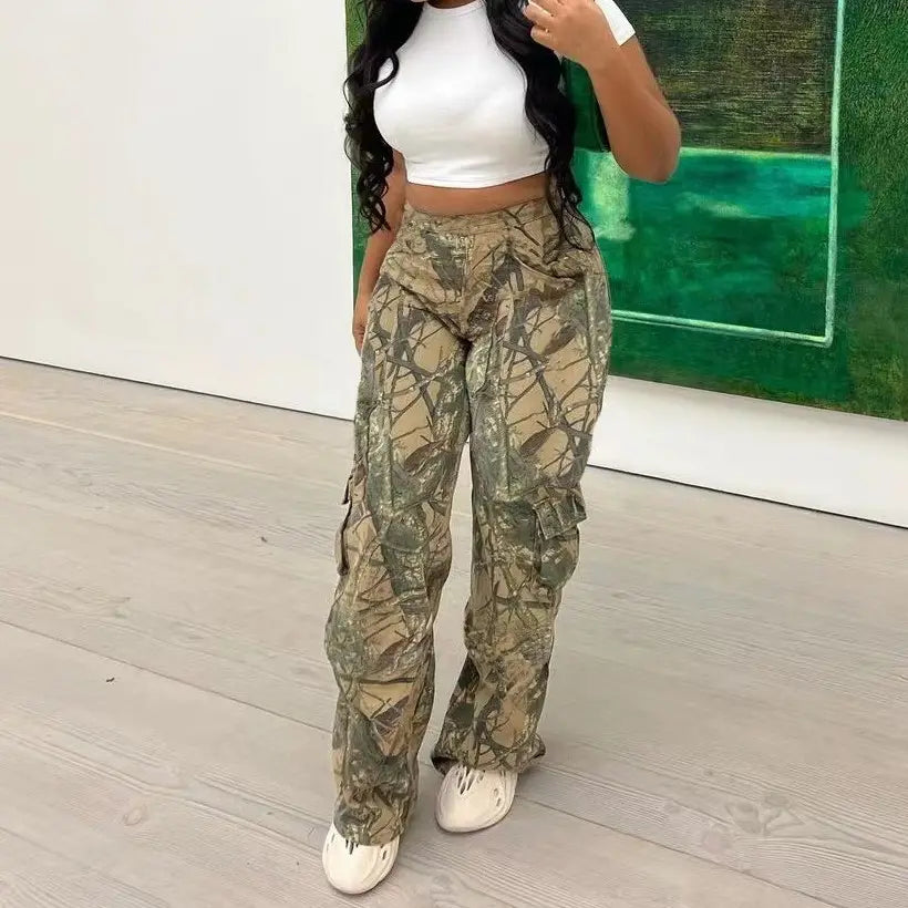 New Fashion Women'S Camouflage Pants High Waist Straight Cargo Mujer Women Streetwear Baggy Women'S