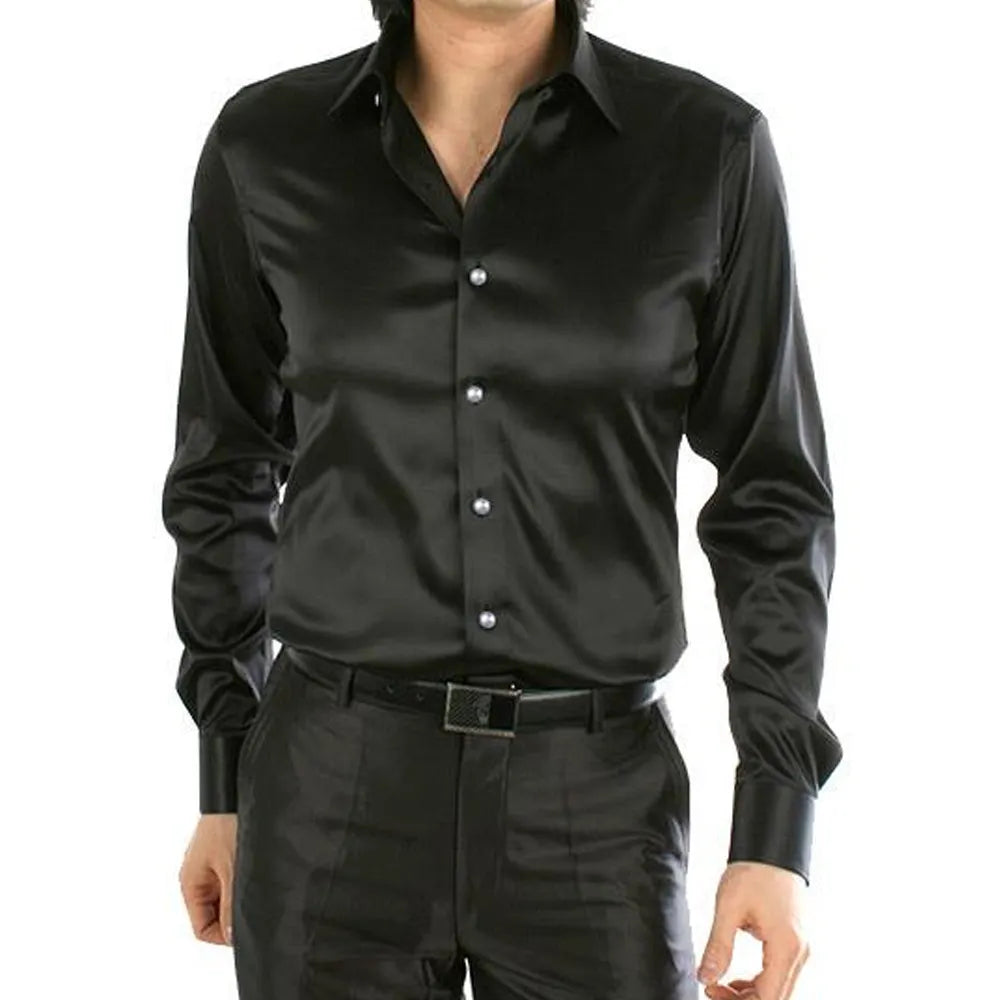 Latest Designs Smooth Silk Satin Shirt Men's Slim Fit Long Sleeve Button Down Dress at Wholesale