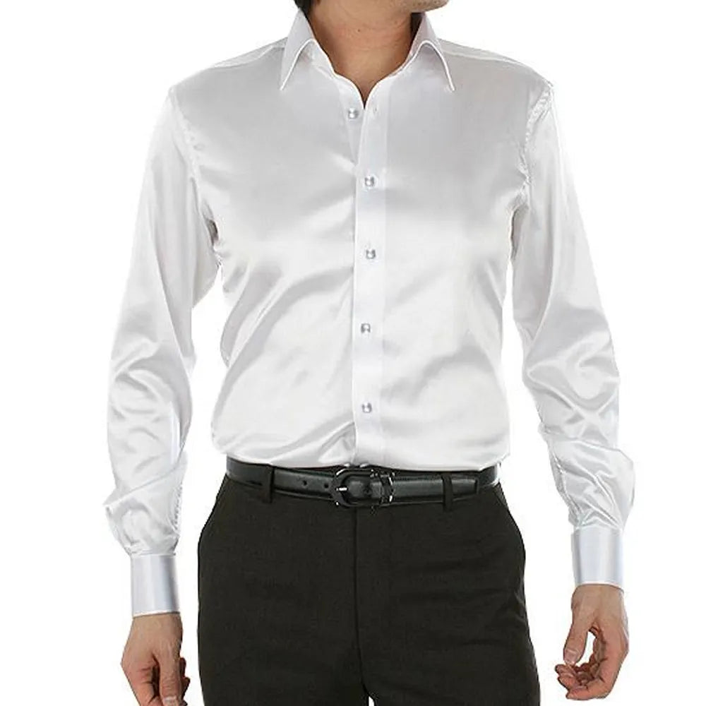 Latest Designs Smooth Silk Satin Shirt Men's Slim Fit Long Sleeve Button Down Dress at Wholesale