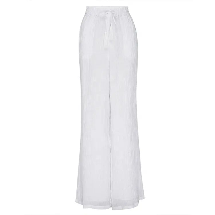 Women 100%Linen Pants High Waisted Beachwear Bottom Crinkle Linen Wide Leg Floor length Side pockets Linen