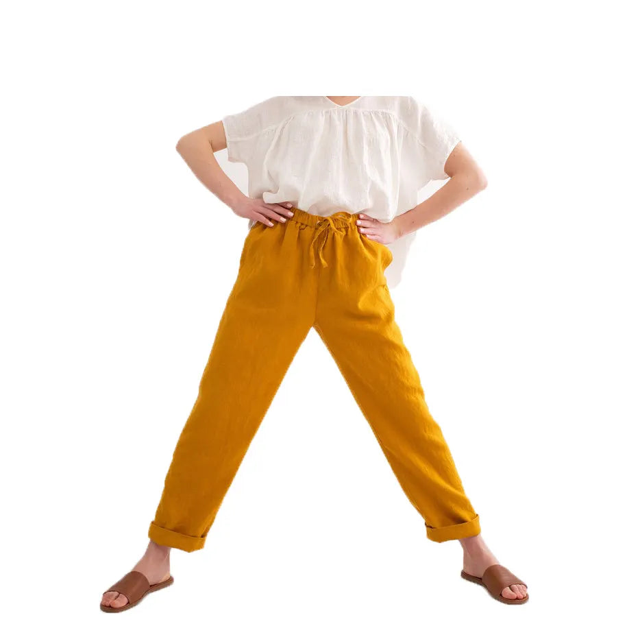 Solid Color Women Loose Fitted 100% Linen Pants