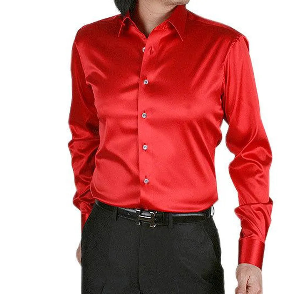 Latest Designs Smooth Silk Satin Shirt Men's Slim Fit Long Sleeve Button Down Dress at Wholesale